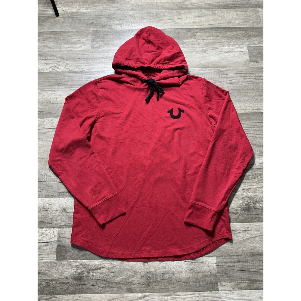 True Religion‎ Mens Size L Long Sleeve Hooded Pullover Shirt Red Lightweight
